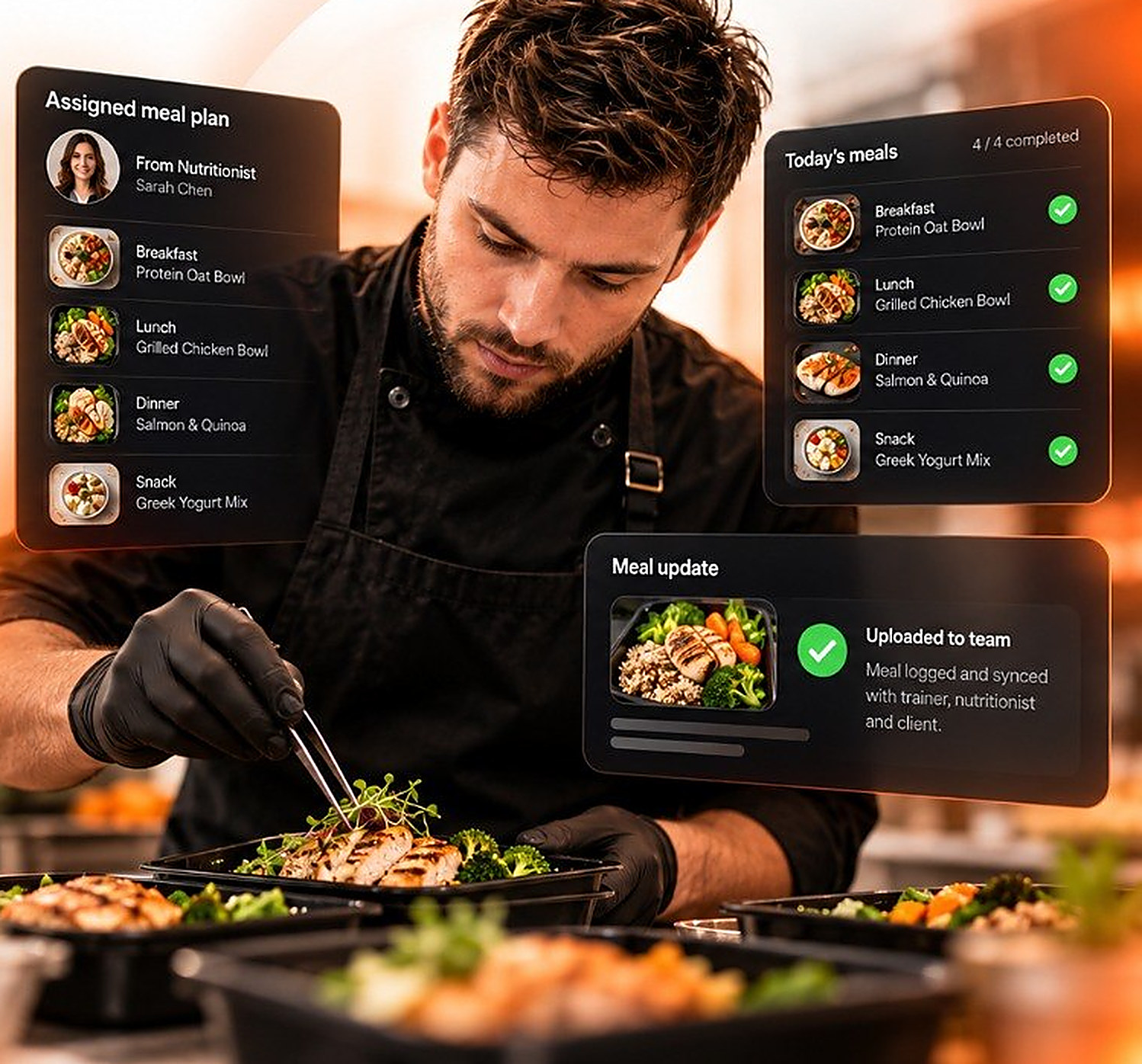 The chef sees the assigned meal plan in-app and uploads the cooked meals back to the team