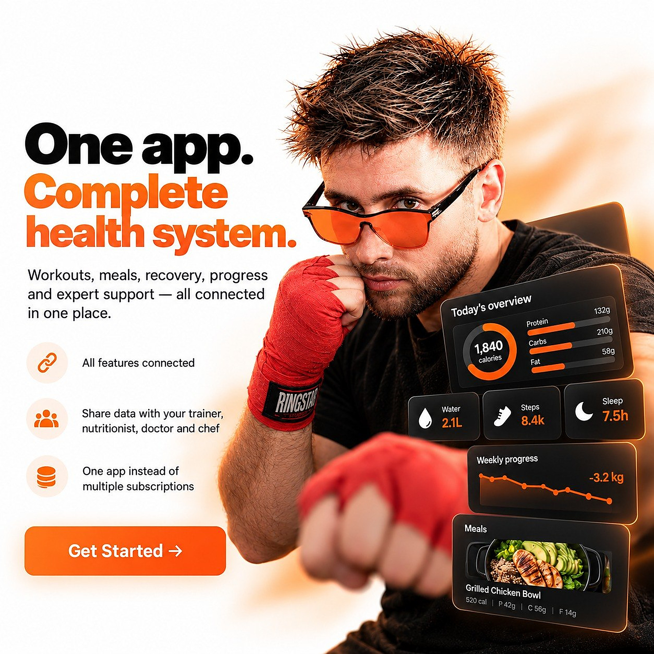 One app. Your complete health system. Workouts, meals, recovery, progress and expert support, all connected in one place.